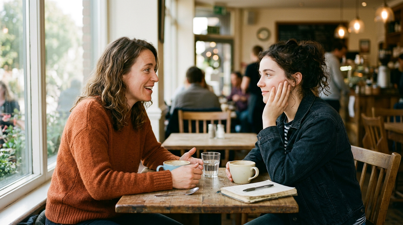 Photorealistic candid photograph of two women sitting across from each other at a sma 151476