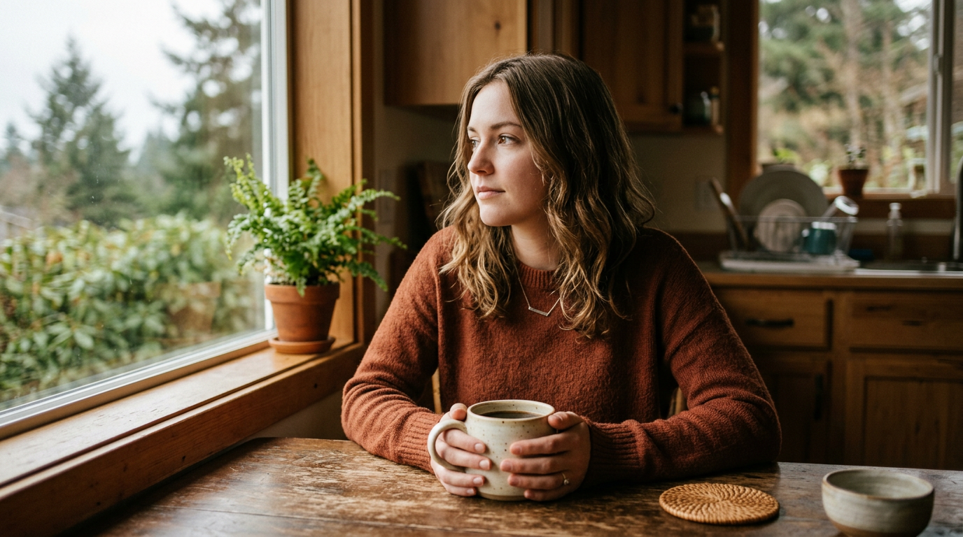 Photorealistic candid portrait of a young woman in her mid-twenties sitting at a wood 151476