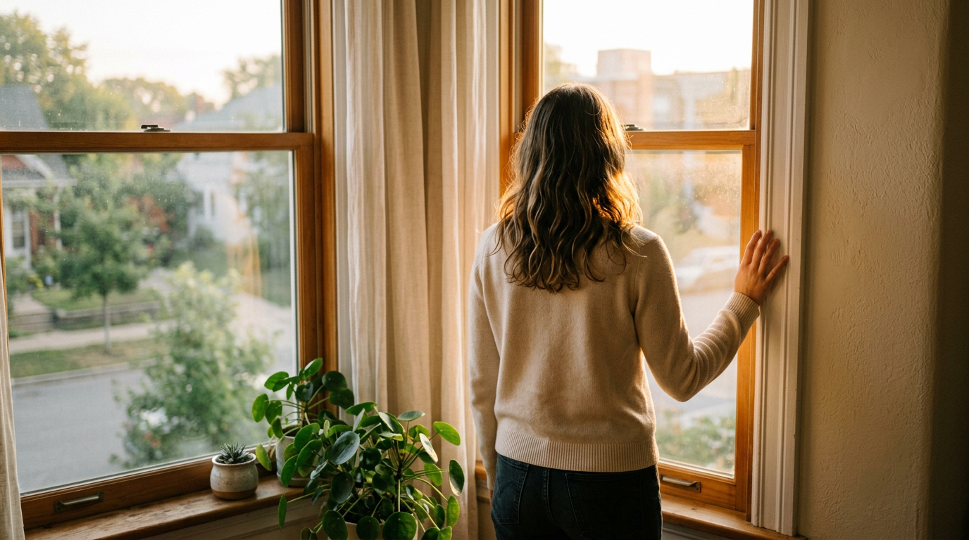 Photorealistic candid photograph of a young woman standing at a window in soft mornin 604259