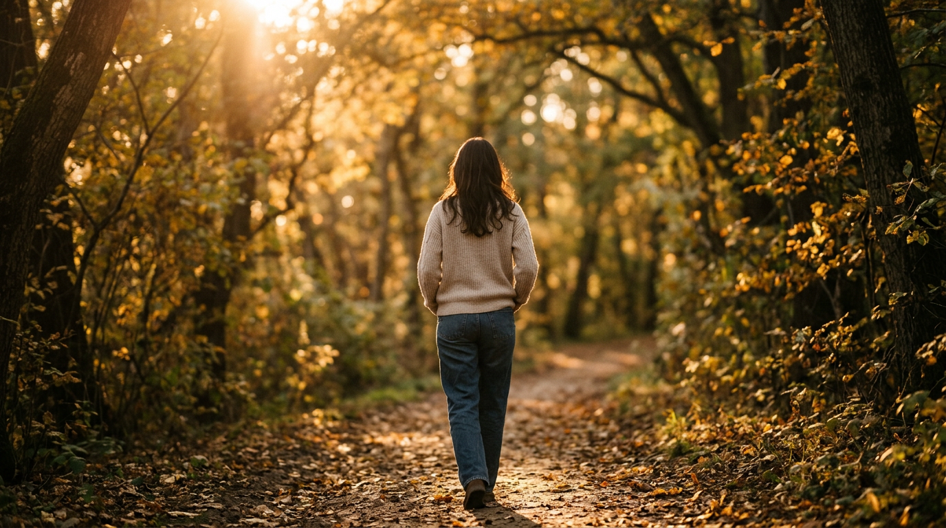 Photorealistic cinematic photograph of a young woman walking slowly on a quiet tree-l 914195