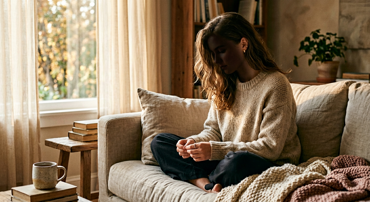 Photorealistic editorial photograph of a young woman in her early twenties sitting on 786482