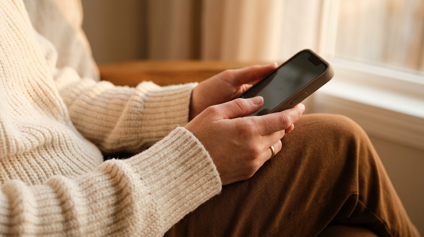 close-up photograph of a young woman's hands holding a smartphone in h 143800