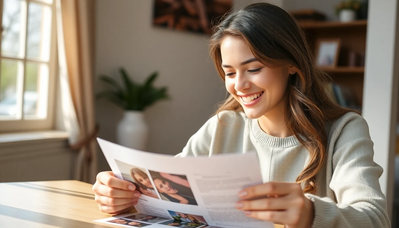A birth mother smiling at photos and updates received through an open adoption