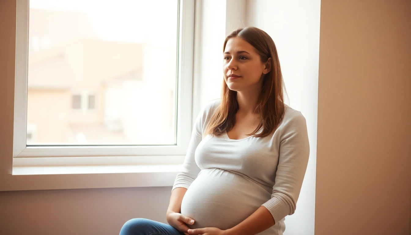 A thoughtful pregnant woman sitting calmly, reassured she is in control of her decision