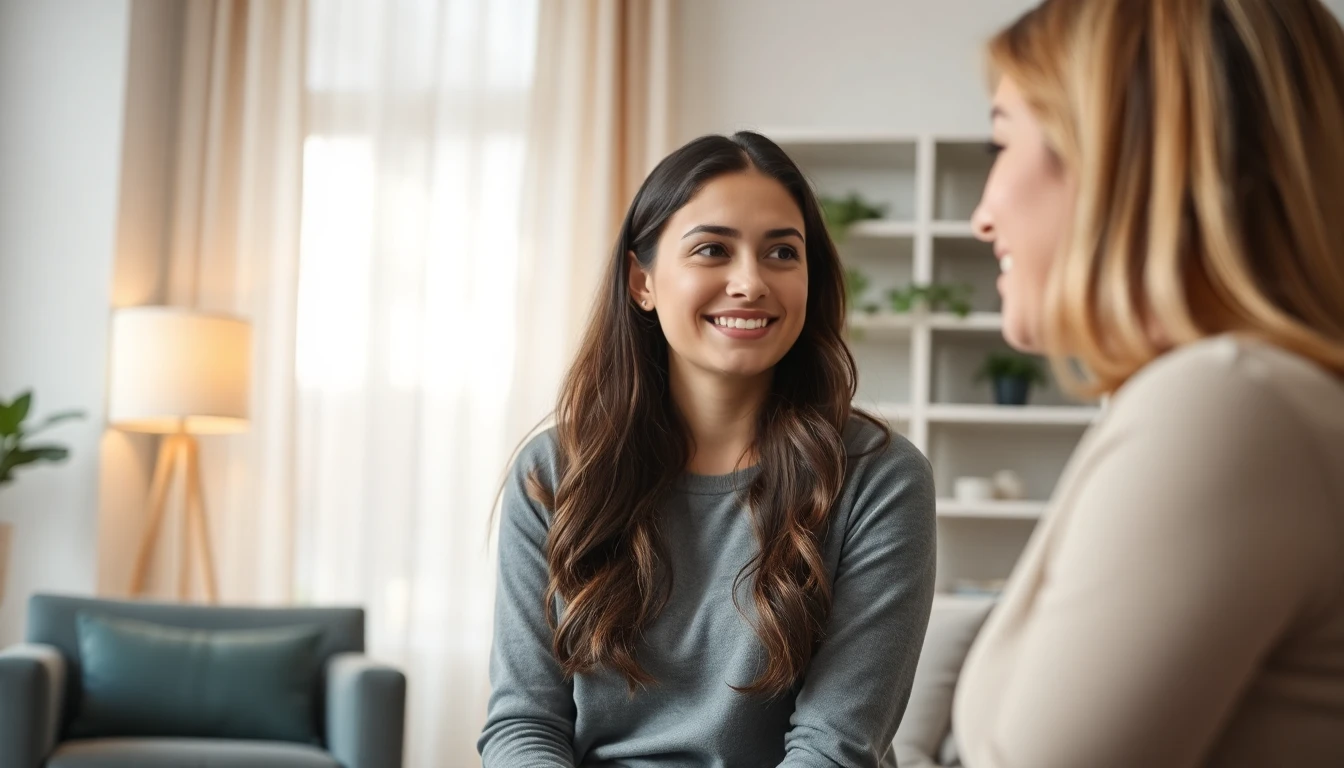 A birth mother talking with a calm, supportive adoption counselor