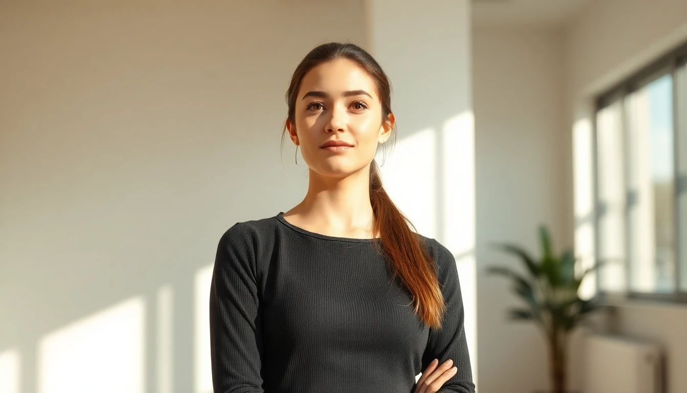 A confident young woman looking forward with calm assurance in warm natural light