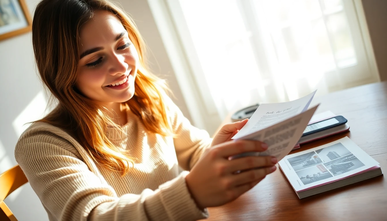 A birth mother smiling while looking at photos and an update letter from an open adoption