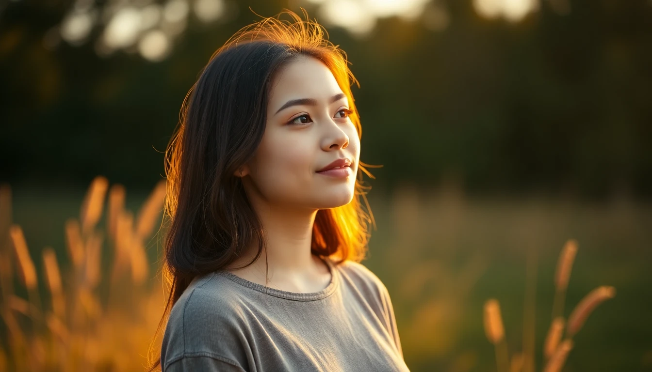 A young woman standing outside looking calm and hopeful as morning light breaks