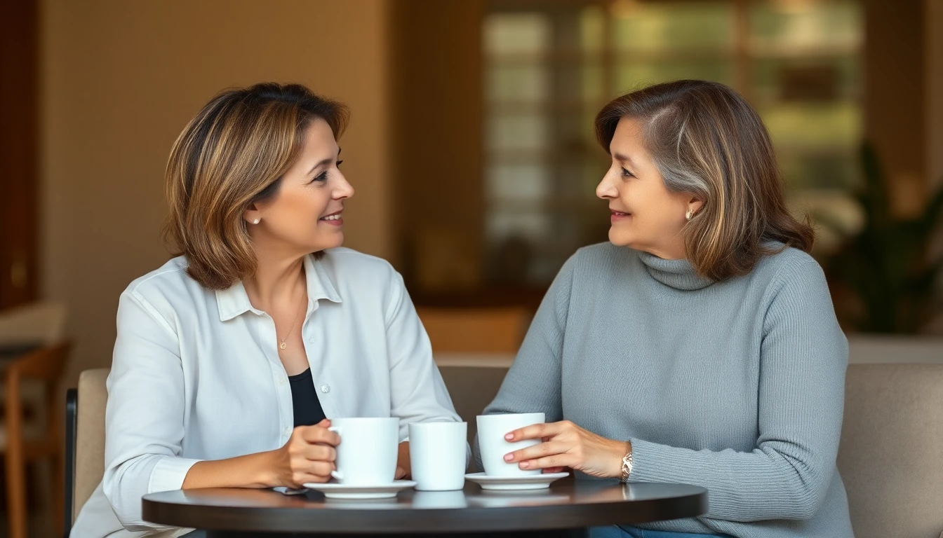Two women talking warmly over coffee, one offering support to the other