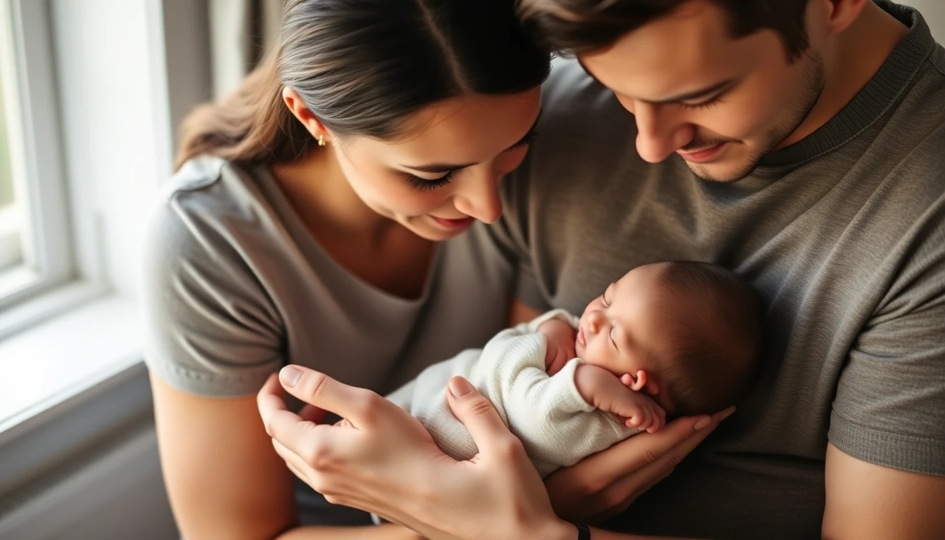 New adoptive parents holding their newborn in a tender moment
