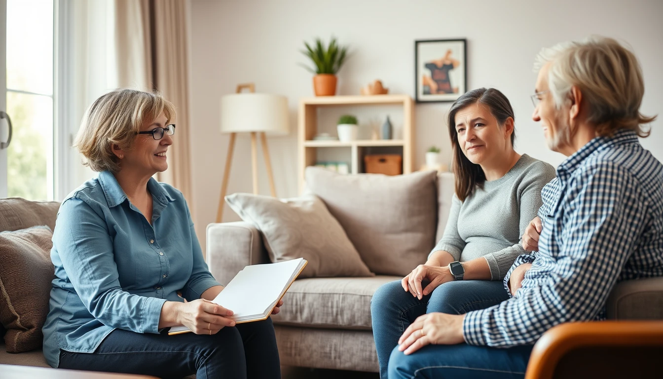 A social worker talking with a couple in their living room