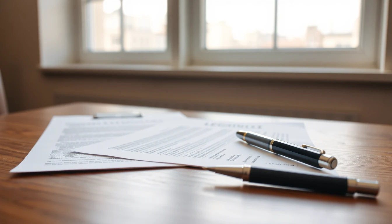 Documents and a pen on a table in soft natural light
