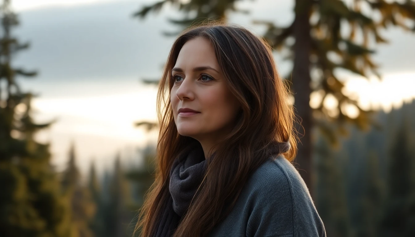 A woman looking out over a Pacific Northwest landscape in soft morning light