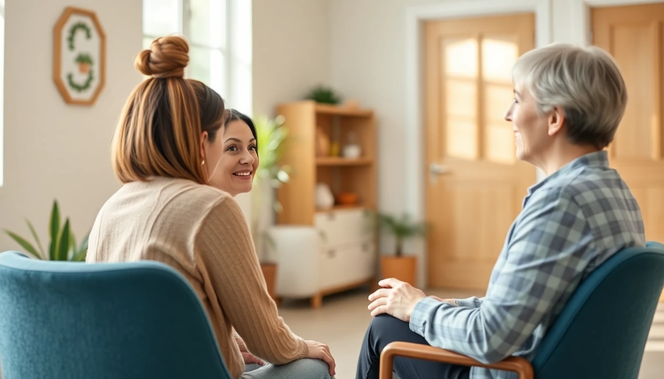 A woman talking with a supportive counselor in a bright room