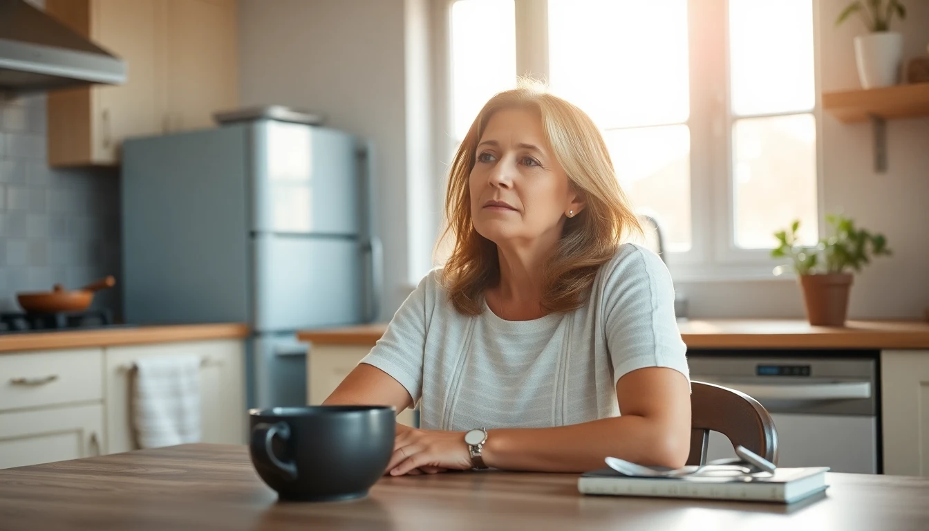 A woman sitting at a kitchen table in warm morning light, thinking