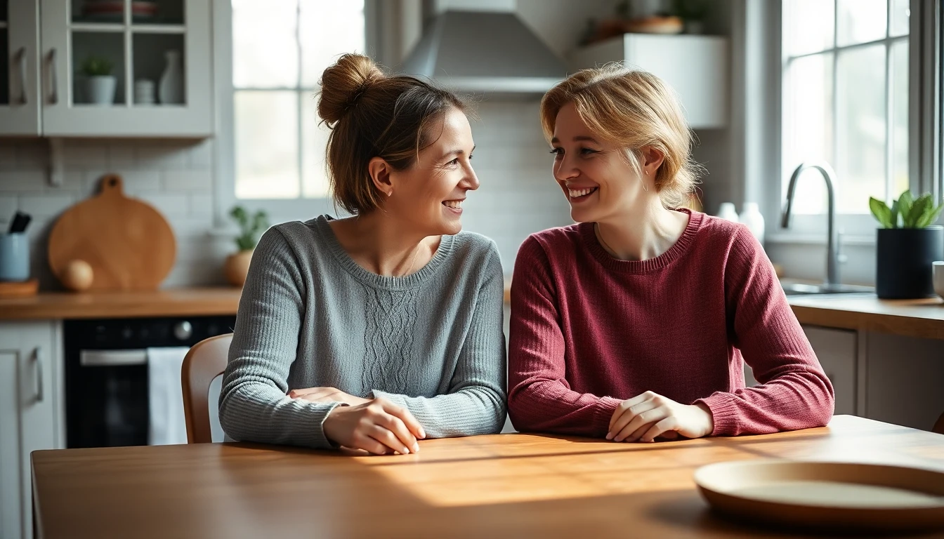 A mother and daughter talking together at a kitchen table