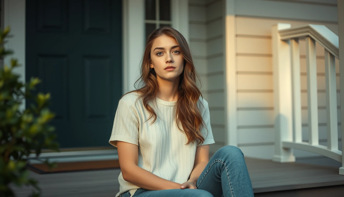 A young woman sitting on a porch step in afternoon light, thinking