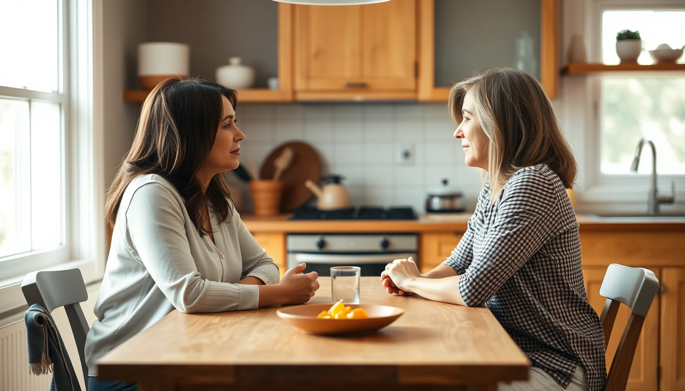 Two women having a calm conversation across a kitchen table
