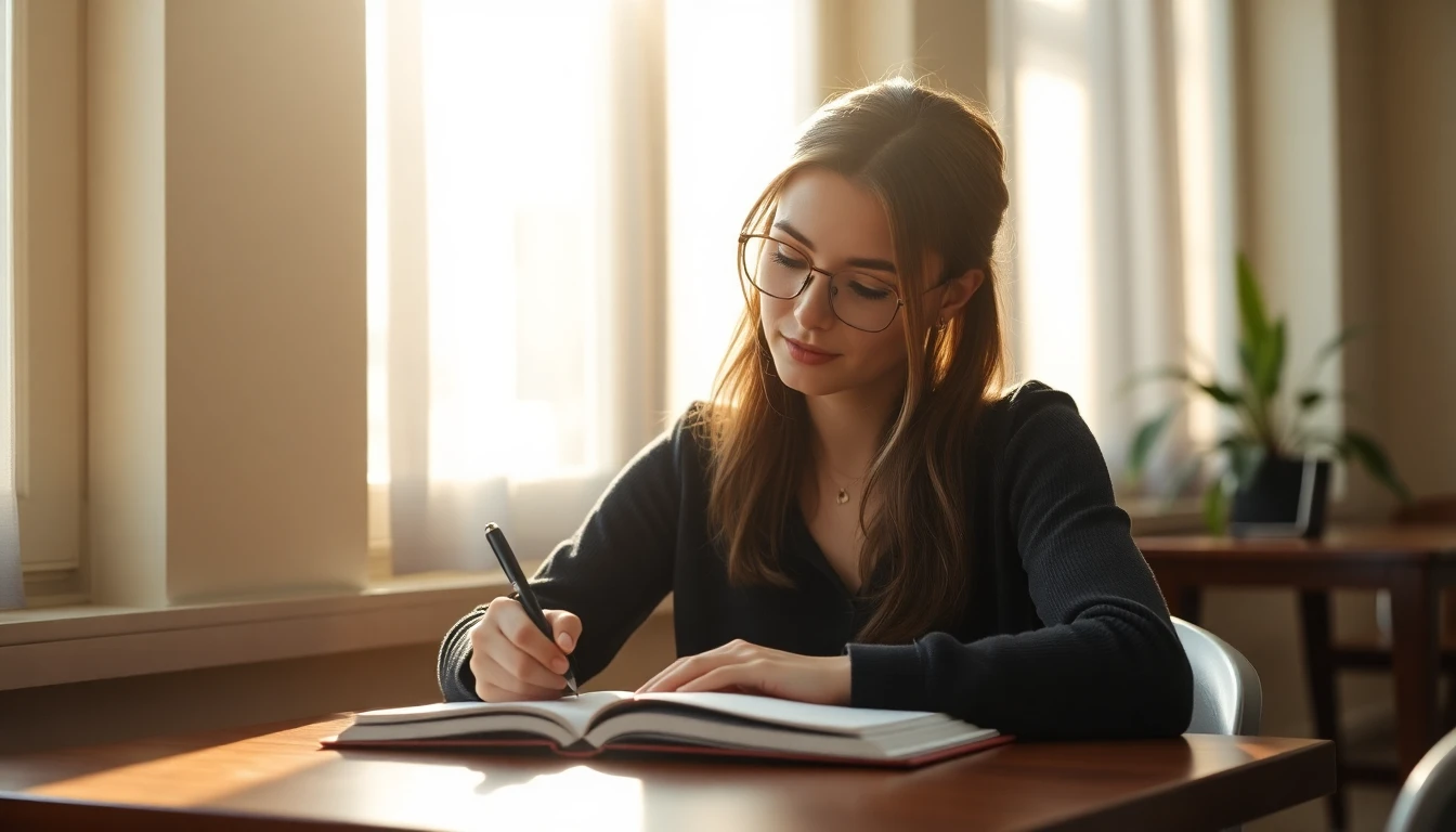 A young woman writing in a notebook at a sunlit table