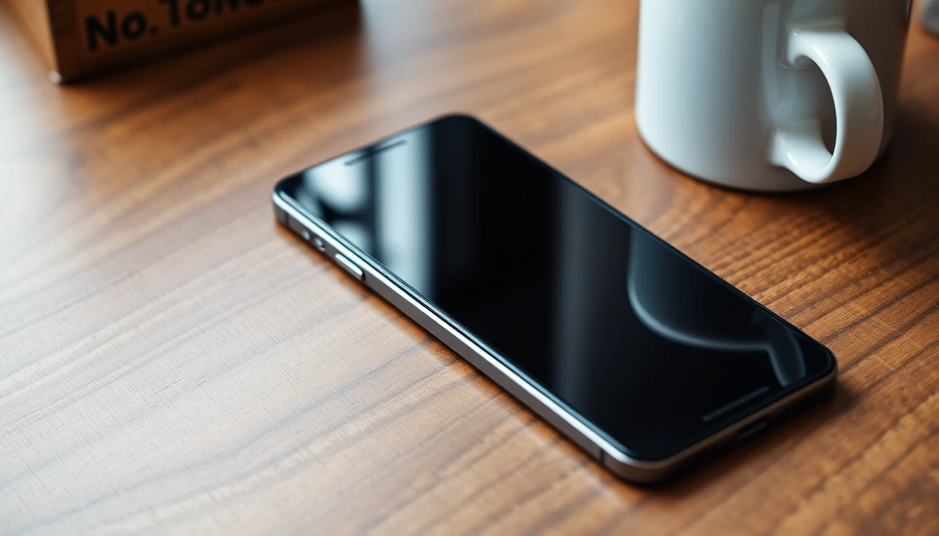 A phone showing photos being viewed on a table beside a mug