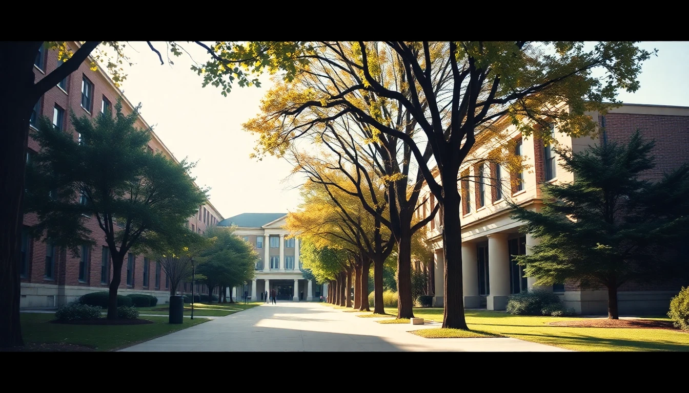 A college campus walkway with students in soft daylight