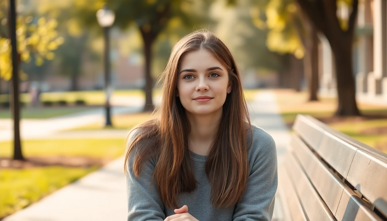 A young woman sitting on a campus bench in warm afternoon light, thoughtful