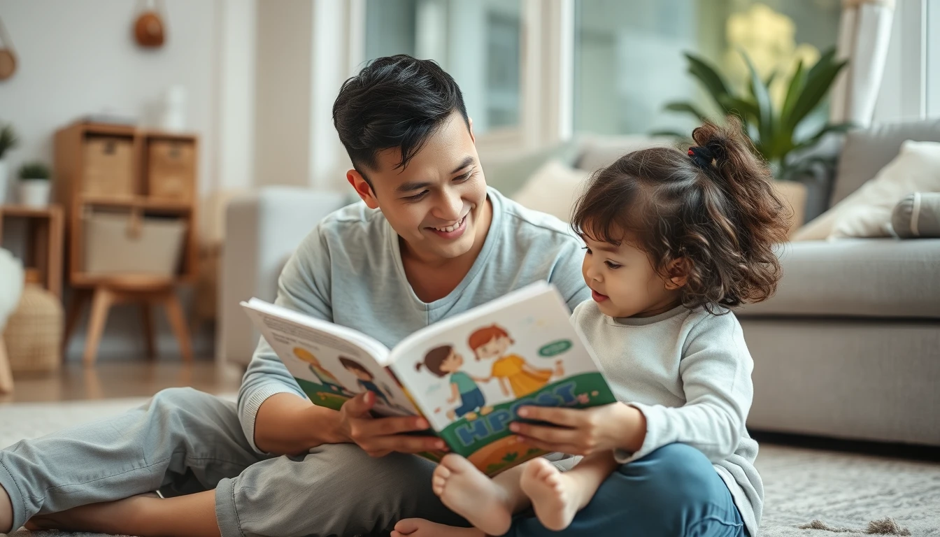 A parent and young child reading together on a living room floor