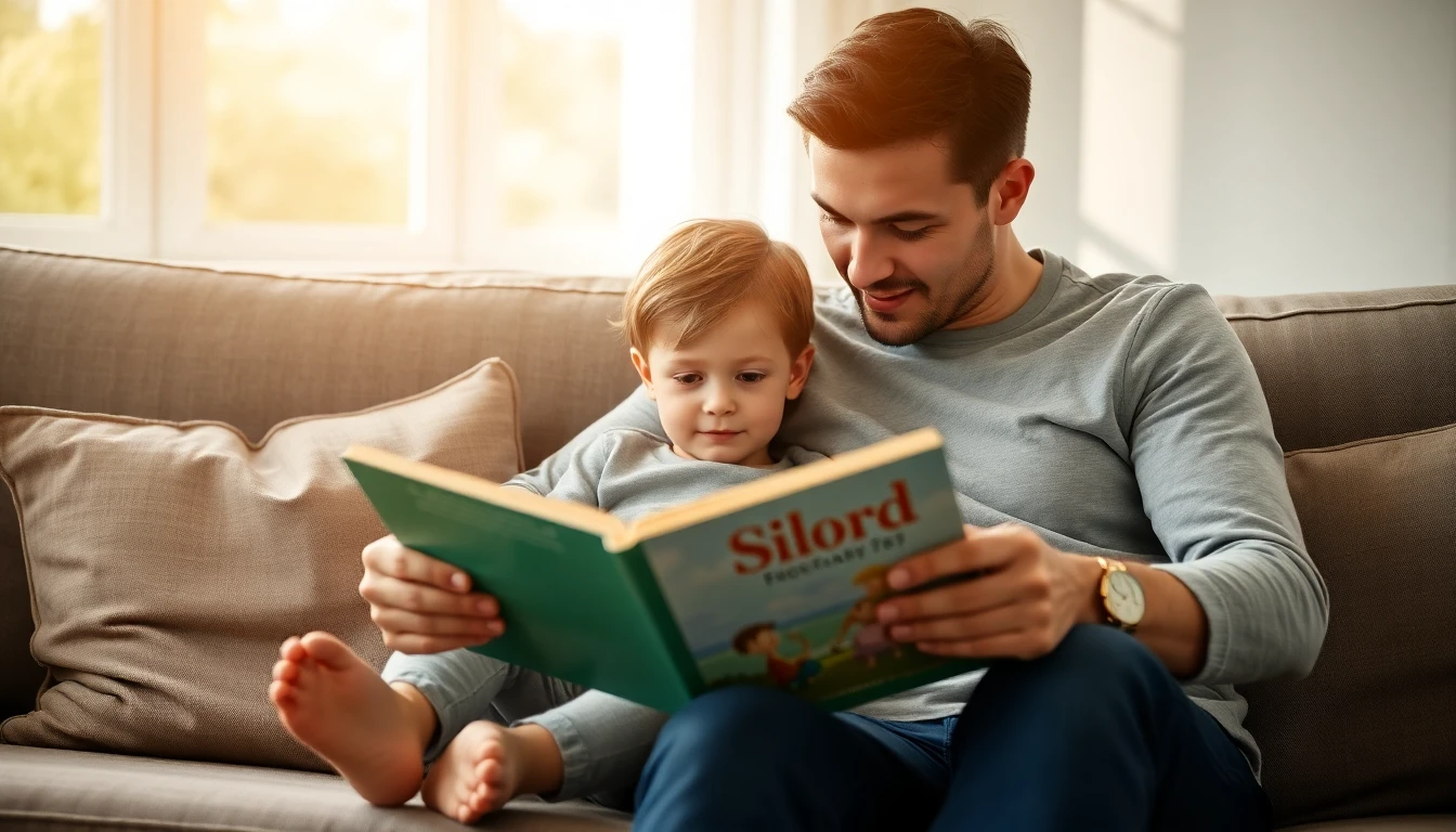A parent and child reading together on a sofa