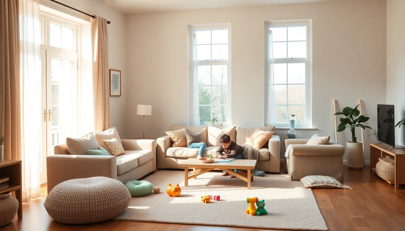 A warm sunlit family home interior with children's things