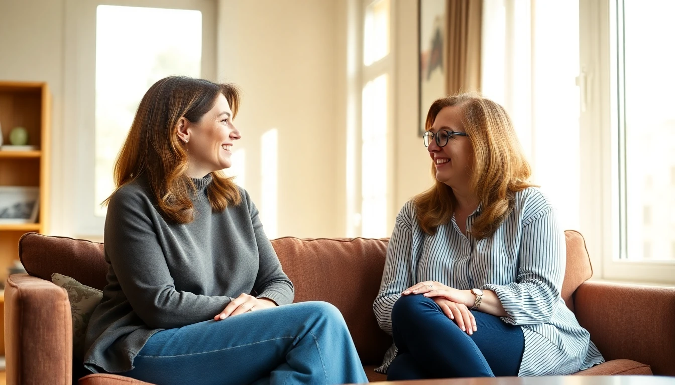 Two women talking warmly in a comfortable room