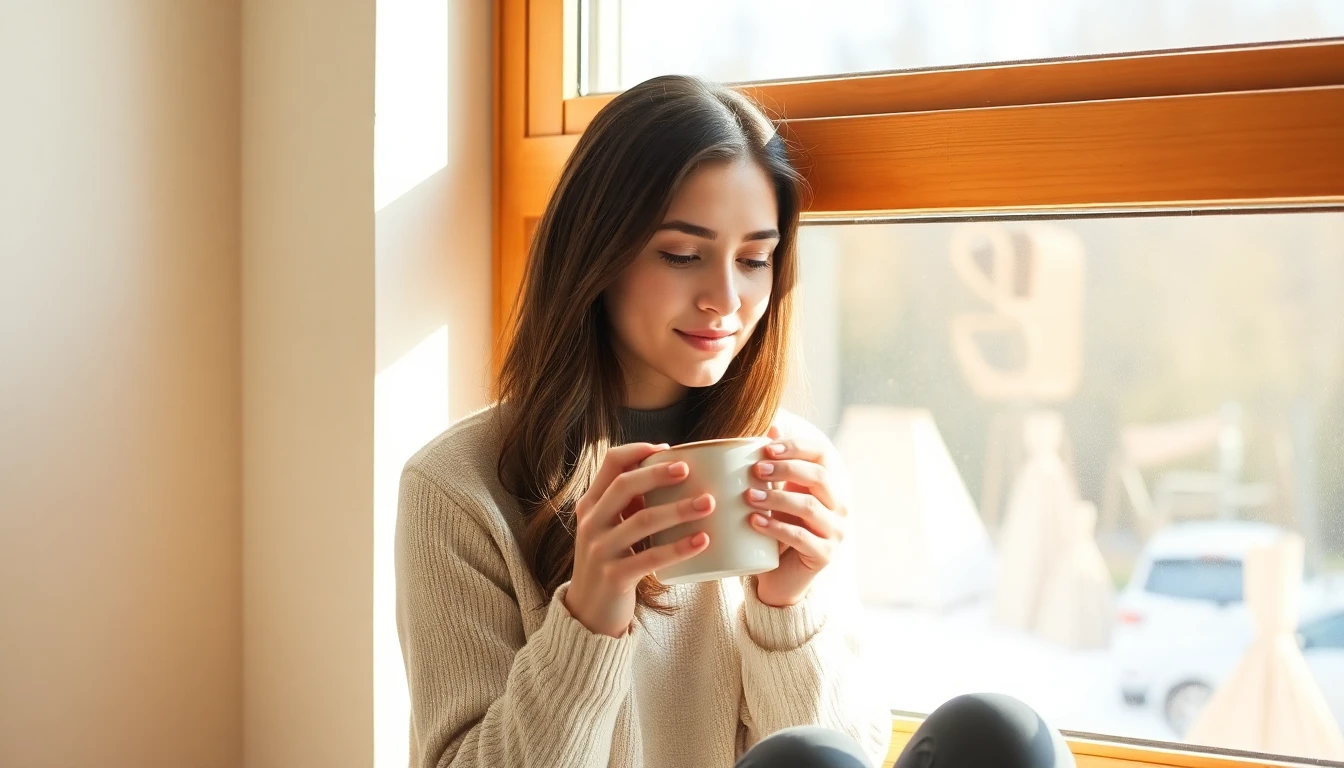 A young woman sitting peacefully by a window with a mug