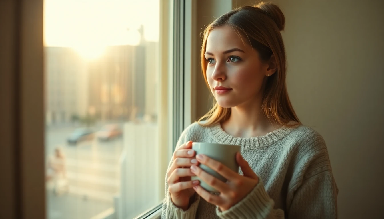 A young woman looking calmly out a window with a mug