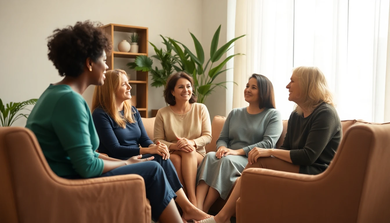 A small group of women talking together in a comfortable room