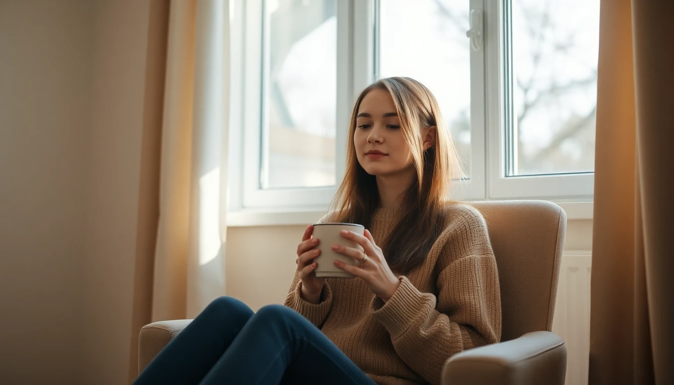 A woman sitting in a quiet sunlit room with a mug