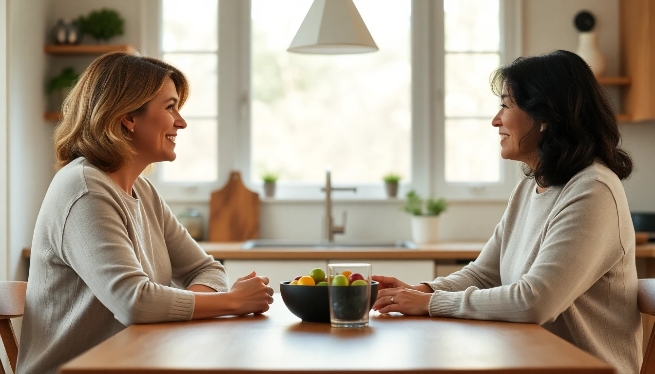Two women talking warmly across a kitchen table